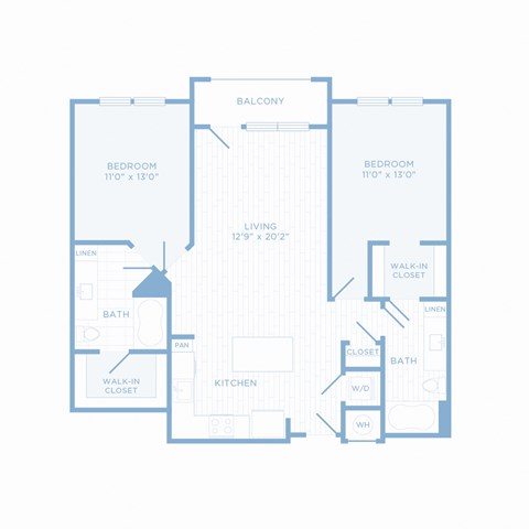 Floor plan for 2 beds, 2 baths, 1109 sqft